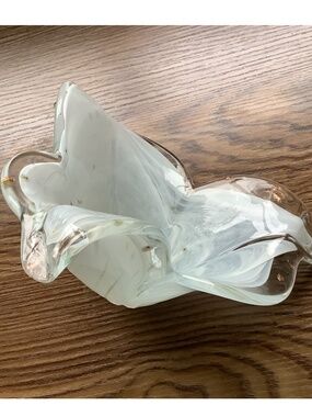 White Hand Blown Petal Bowl Murano with Specks Decorative Dish or Candle plate